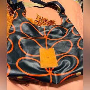 Orla Kiely Midi Navy and Orange Shoulder Bag